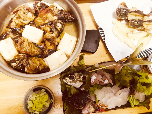 釣魚料理＿カサゴの唐揚げ＆刺身＆煮物、キスの天ぷら、真アジ刺身