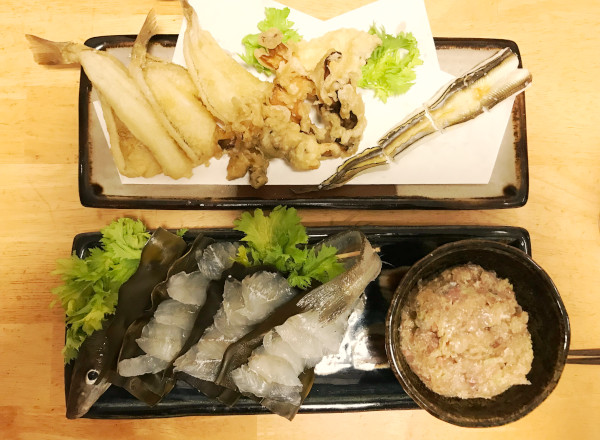 釣魚料理＿鱚の天ぷらと刺身、穴子白焼、鯵のなめろう